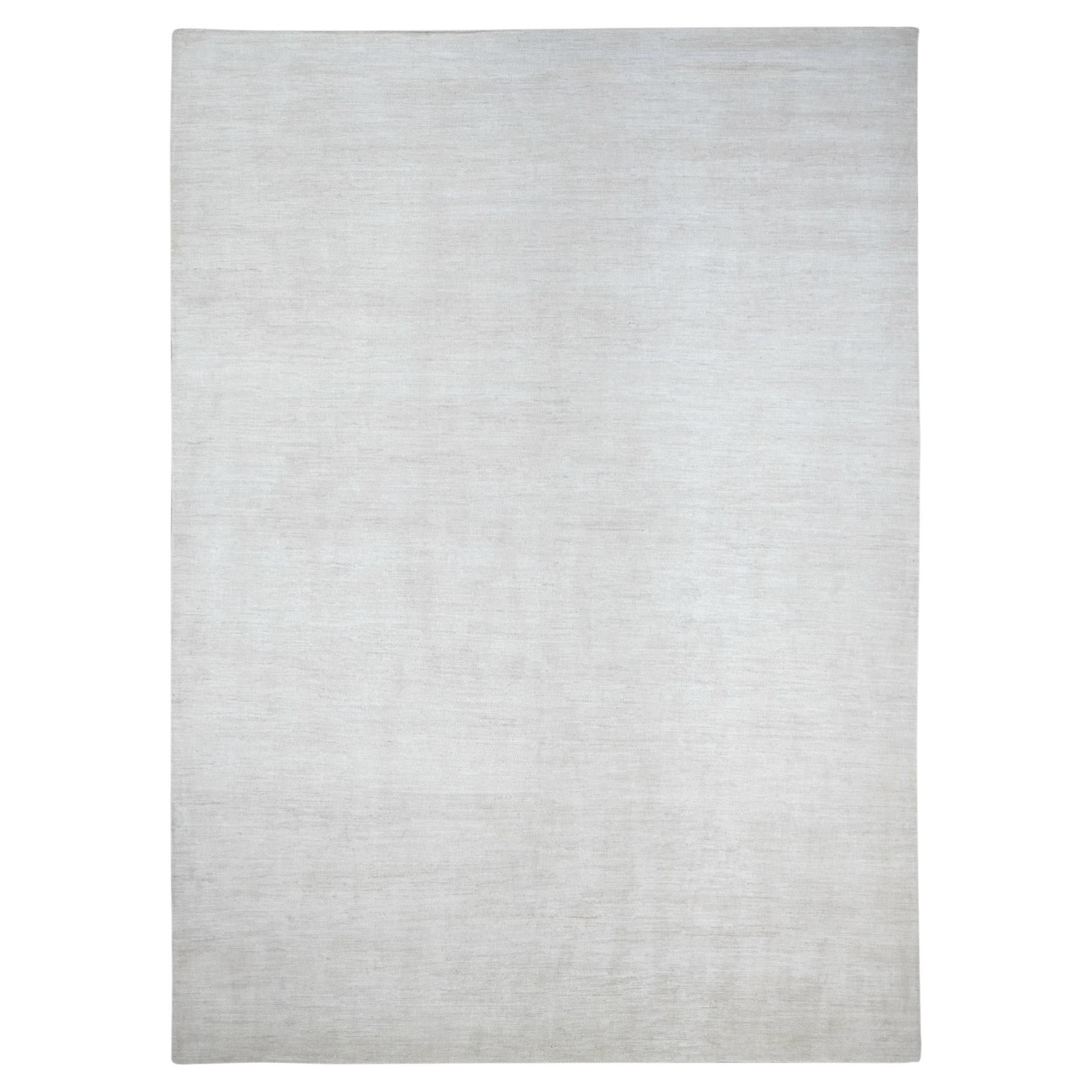 9'8"x13'4" Ivory Plain Solid Pattern Hand Knotted Hand Spun Ghazni Wool Rug