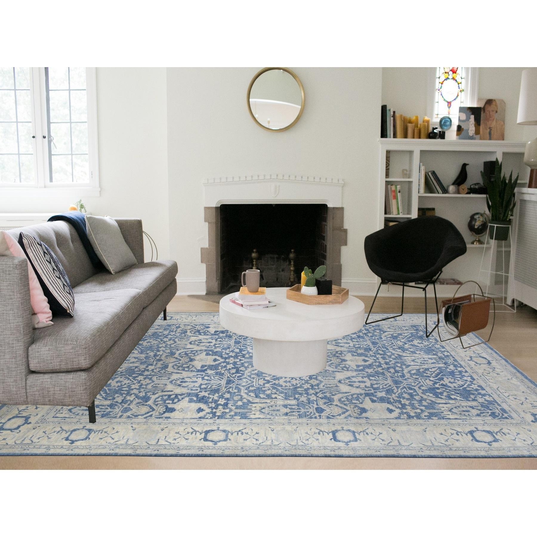 This is a truly genuine one-of-a-kind Denim Blue, Soft Wool Hand Knotted White Wash Peshawar, Natural Dyes Densely Woven, Oriental Rug. It has been Knotted for months and months in the centuries-old weaving craftsmanship techniques by expert