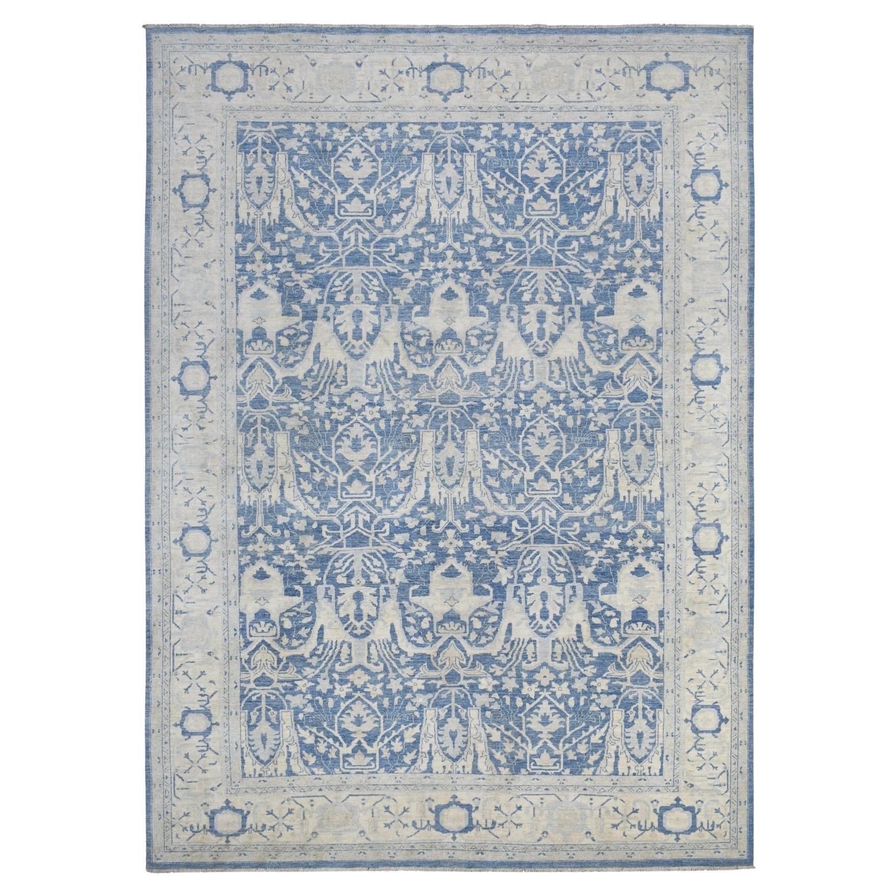 9'8"x13'5" Denim Blue Soft Wool Hand Knotted White Wash Peshawar Rug For Sale