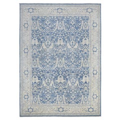 9'8"x13'5" Denim Blue Soft Wool Hand Knotted White Wash Peshawar Rug