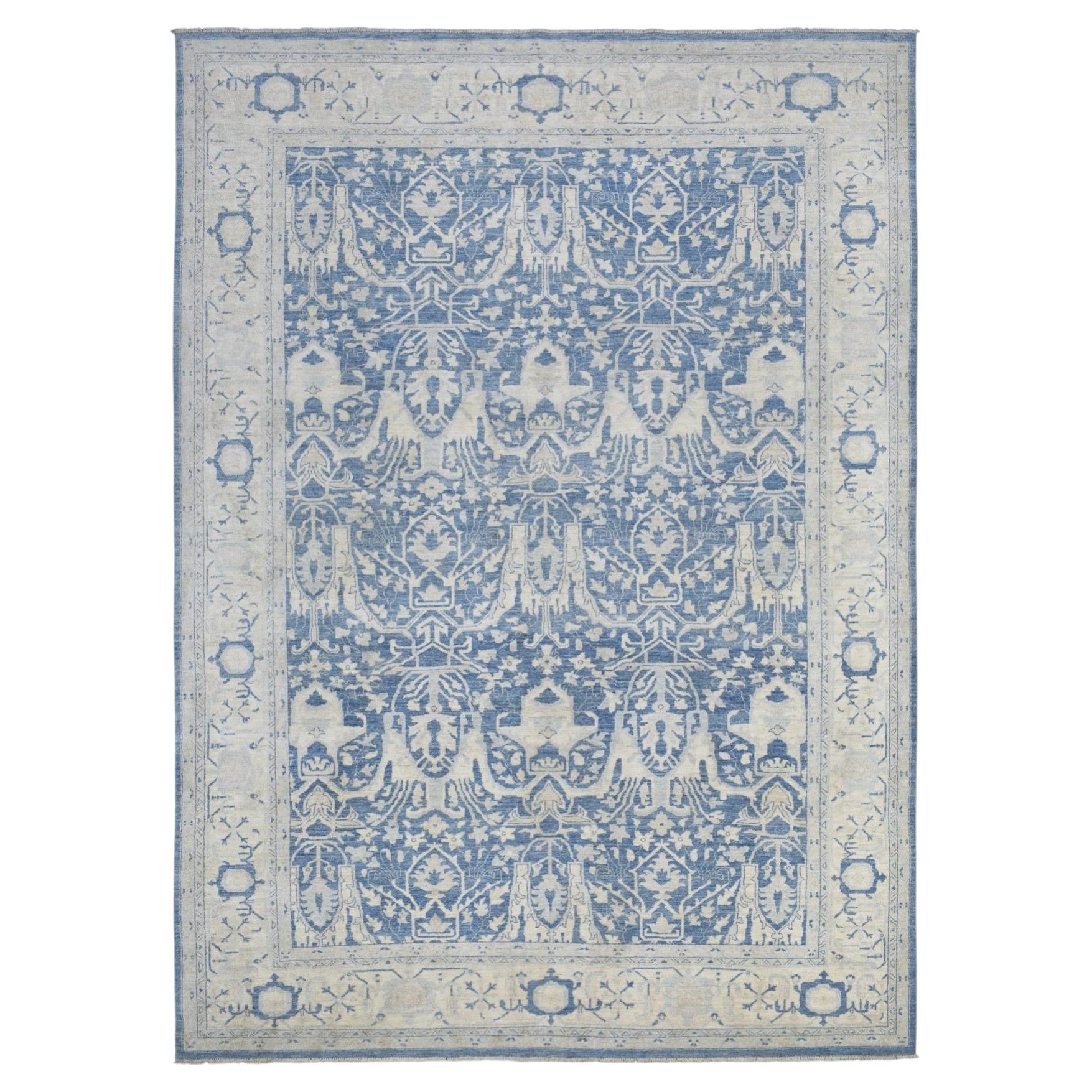 9'8"x13'5" Denim Blue, Soft Wool Hand Knotted White Wash Peshawar, Rug For Sale