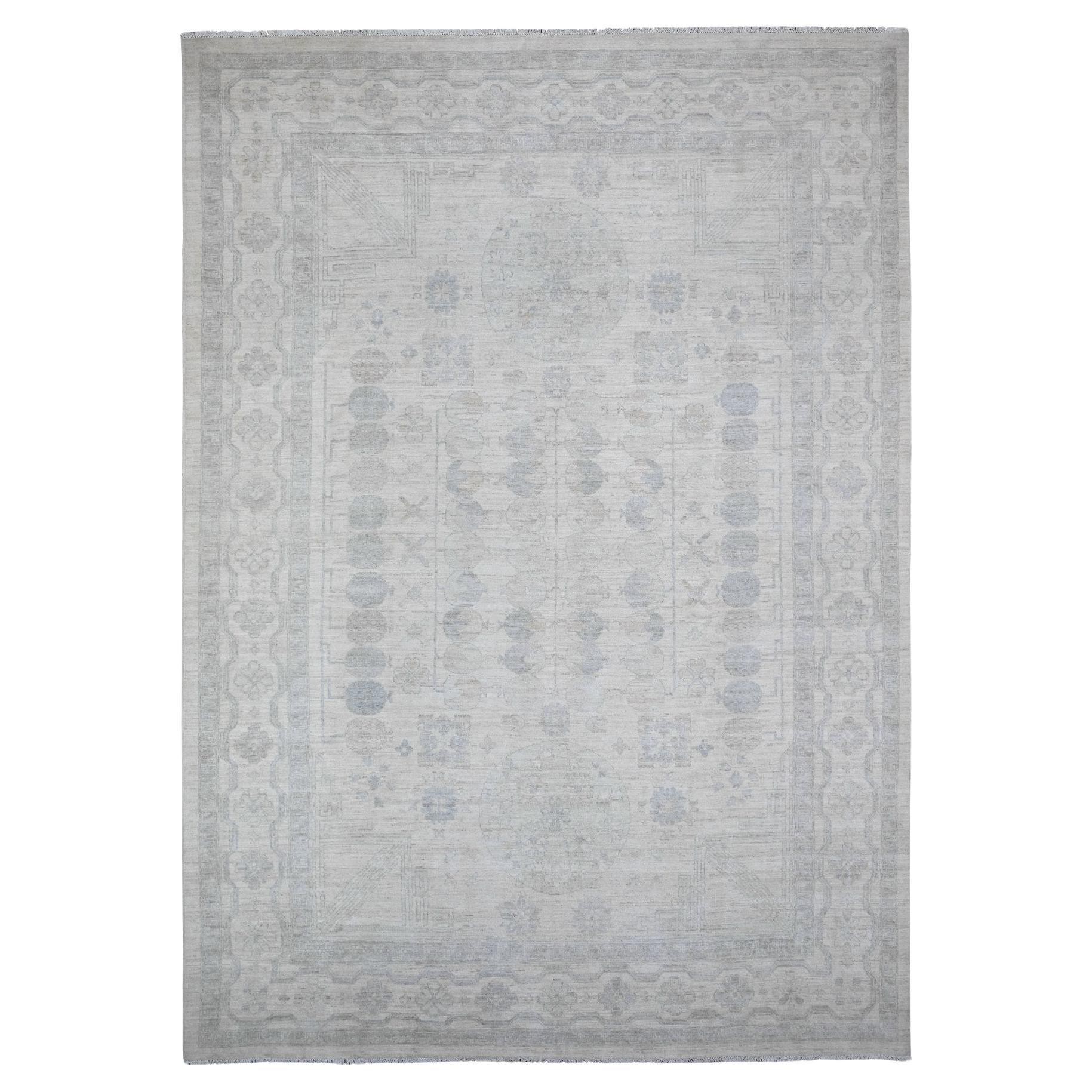 9'8"x13'6" Daisy White, Hand Knotted, Luxurious Wool, White Wash Peshawar, Rug