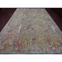 9'8"x13'6" Green Peshawar Birds of Paradise Design Hand Knotted Soft Wool Rug