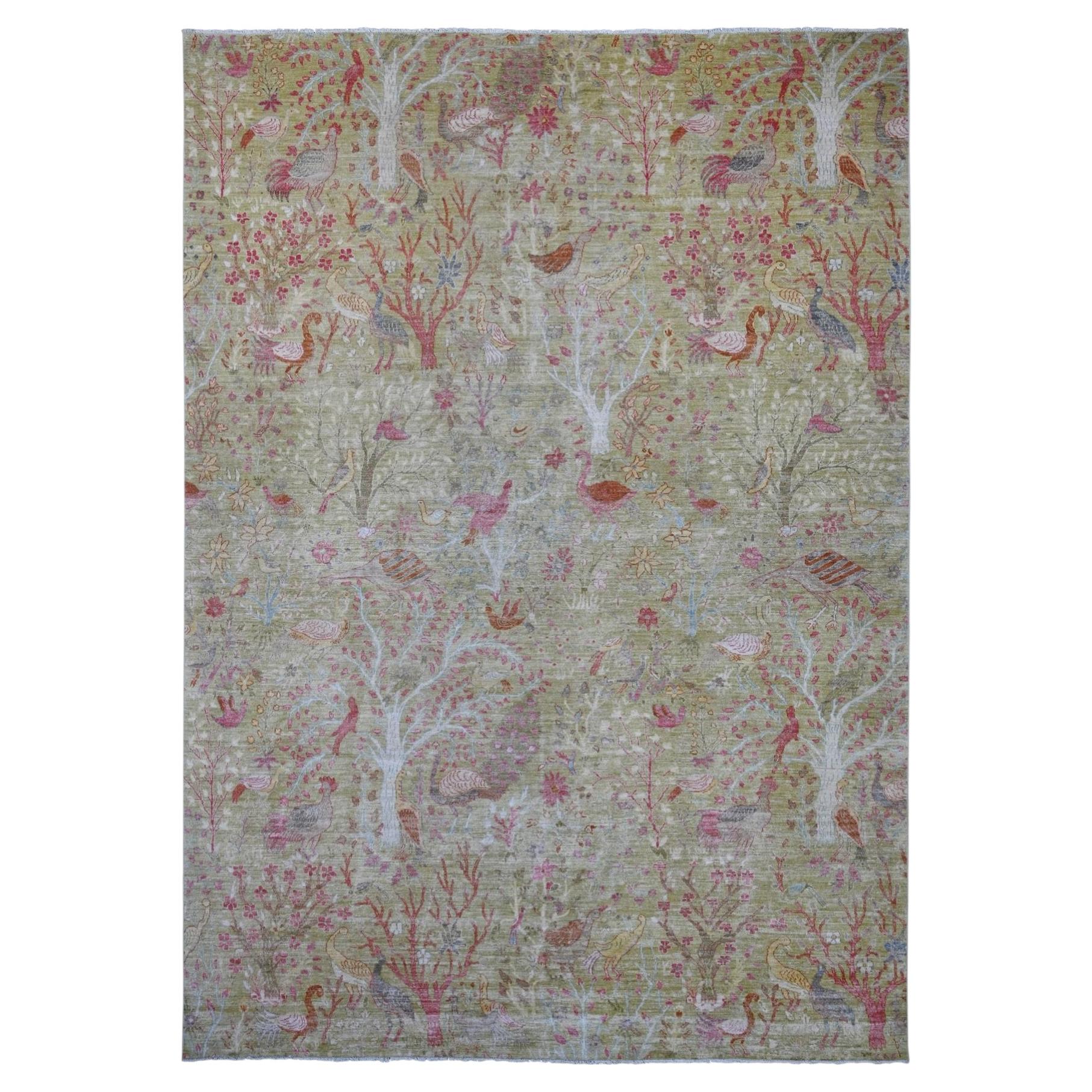 9'8"x13'6" Green Peshawar Birds of Paradise Design Hand Knotted Soft Wool Rug