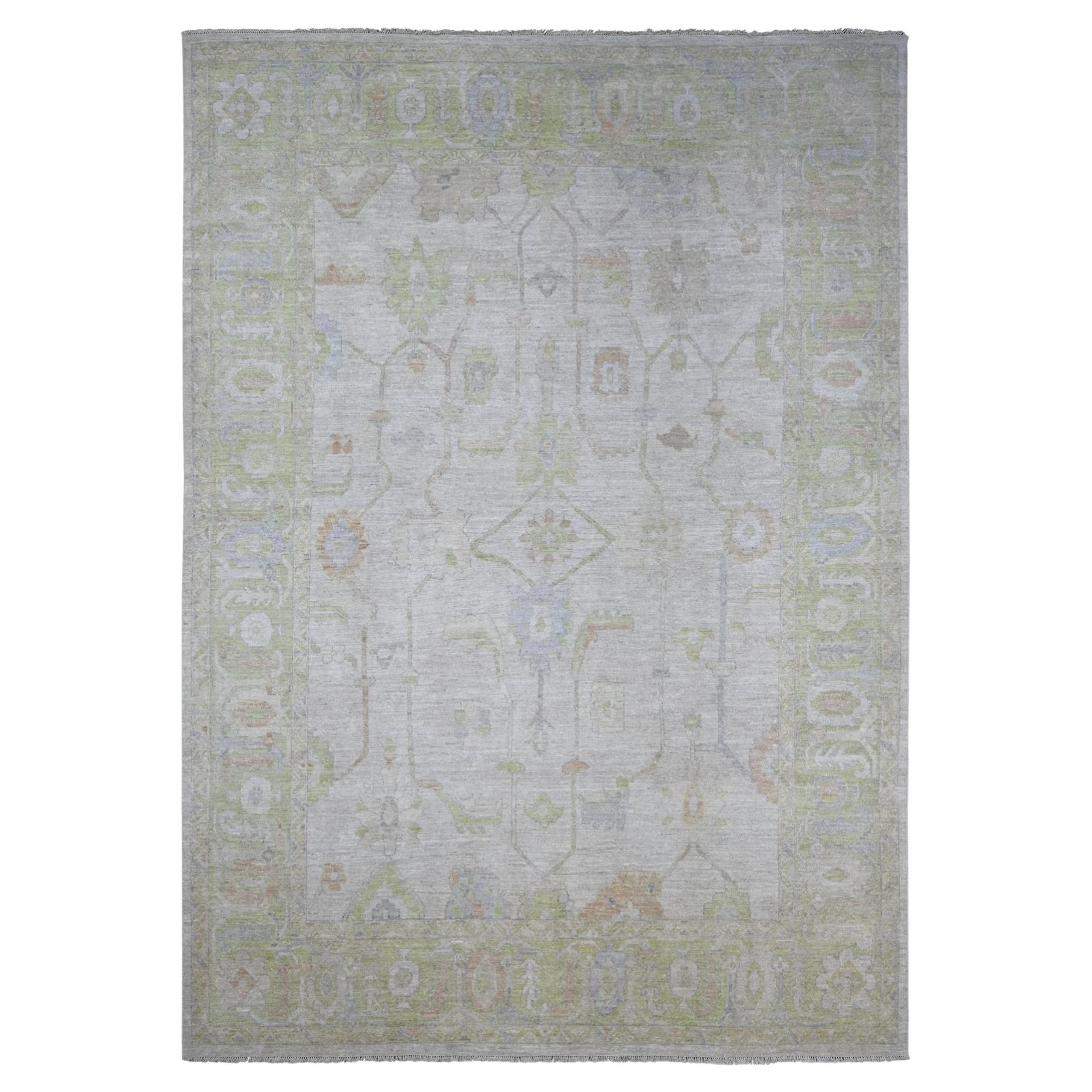 9'8"x13'8" Gray Afghan Angora Oushak with Vines Design Hand Knotted Wool Rug