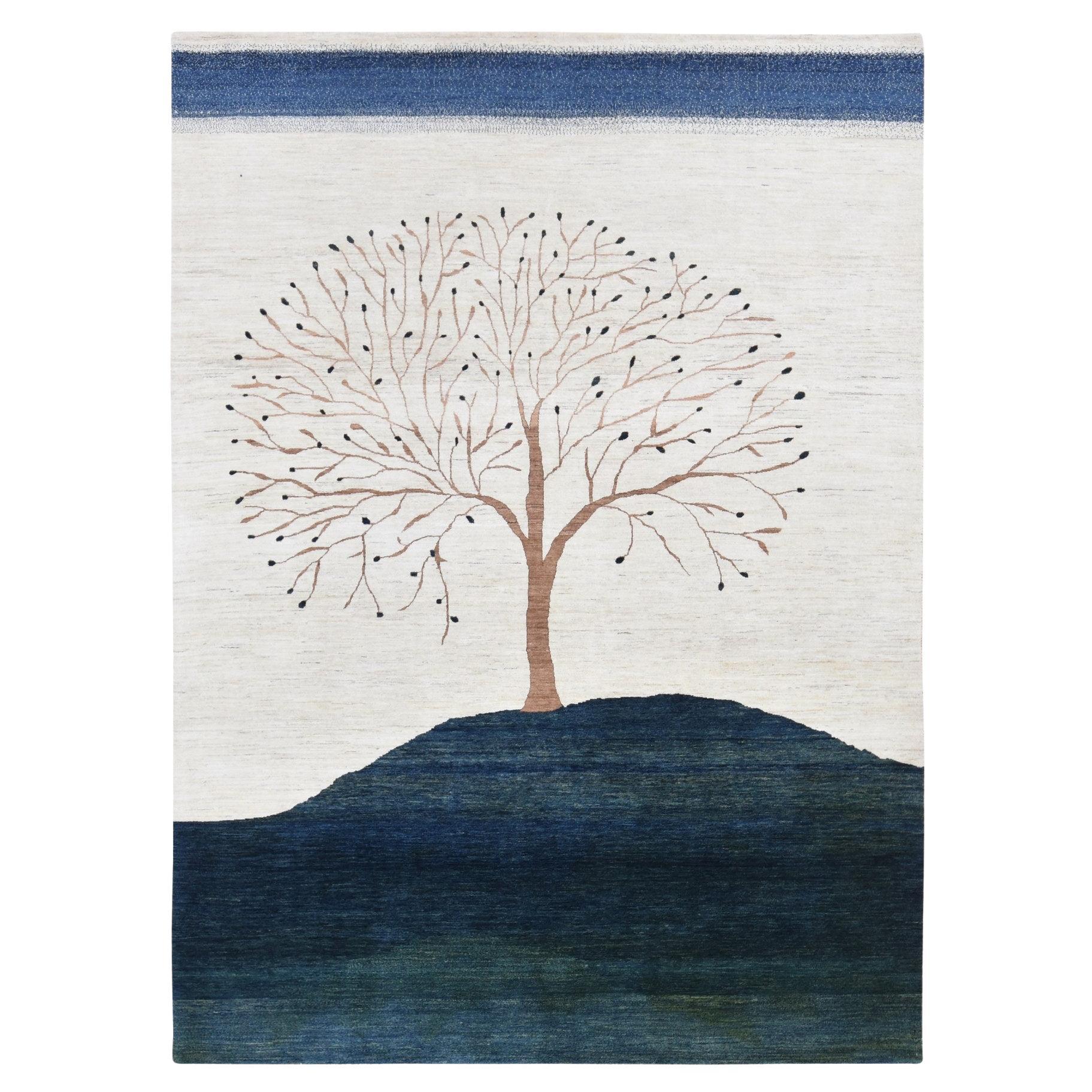 9'8 "x13'8" Elfenbein handgeknüpft Modern Folk Art Tree Design Gabbeh Wollteppich