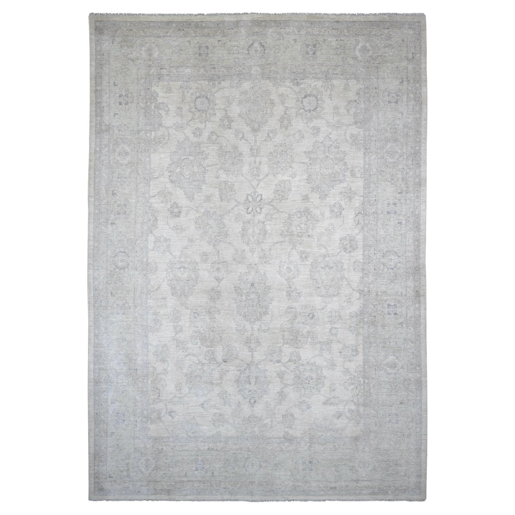 9'8"x13'8" White Wash Peshawar Leaf Design Hand Knotted Pure Wool Oriental Rug