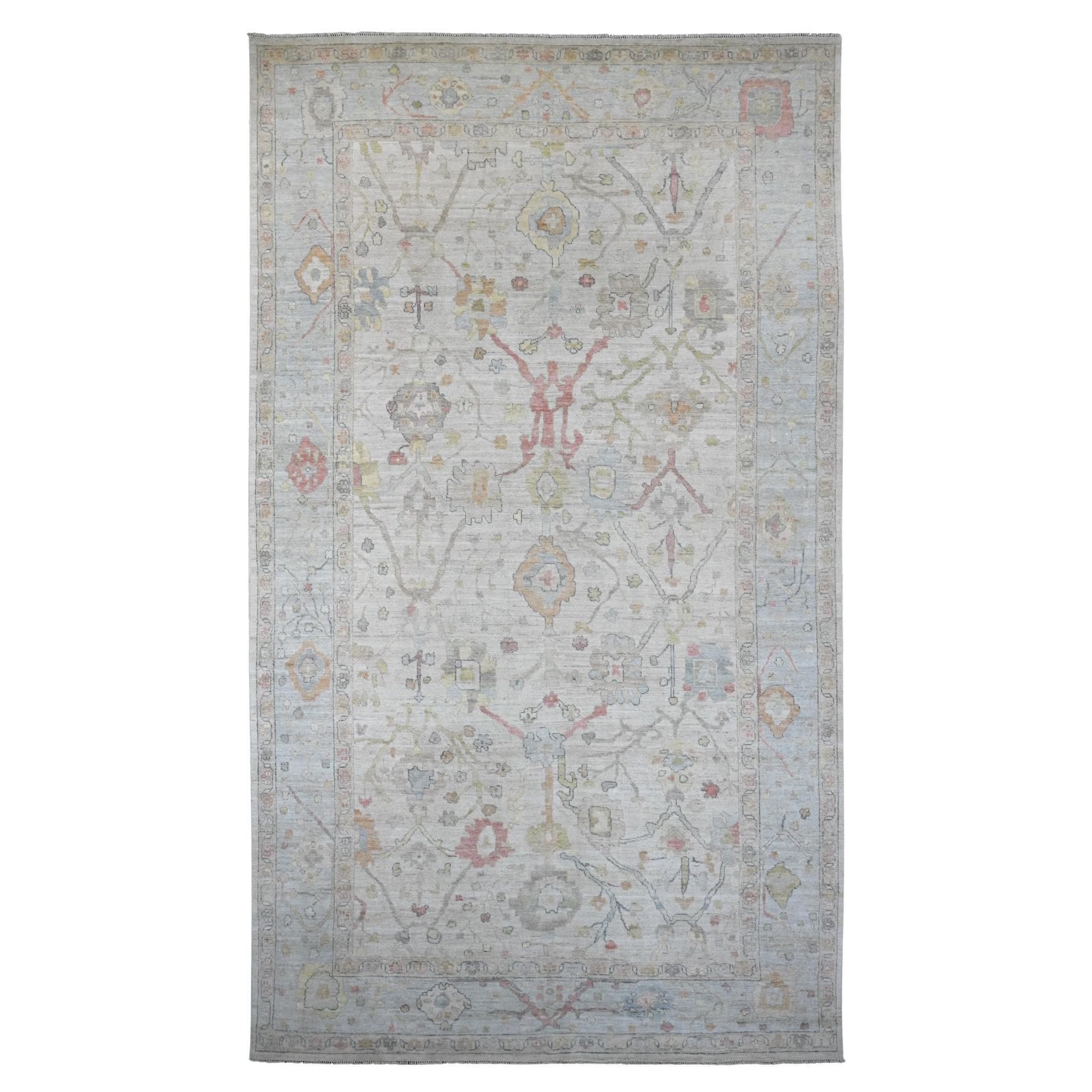 9'8"x17' Weißer afghanischer Angora Oushak Vines Design handgeknüpfter orientalischer Teppich aus Wolle