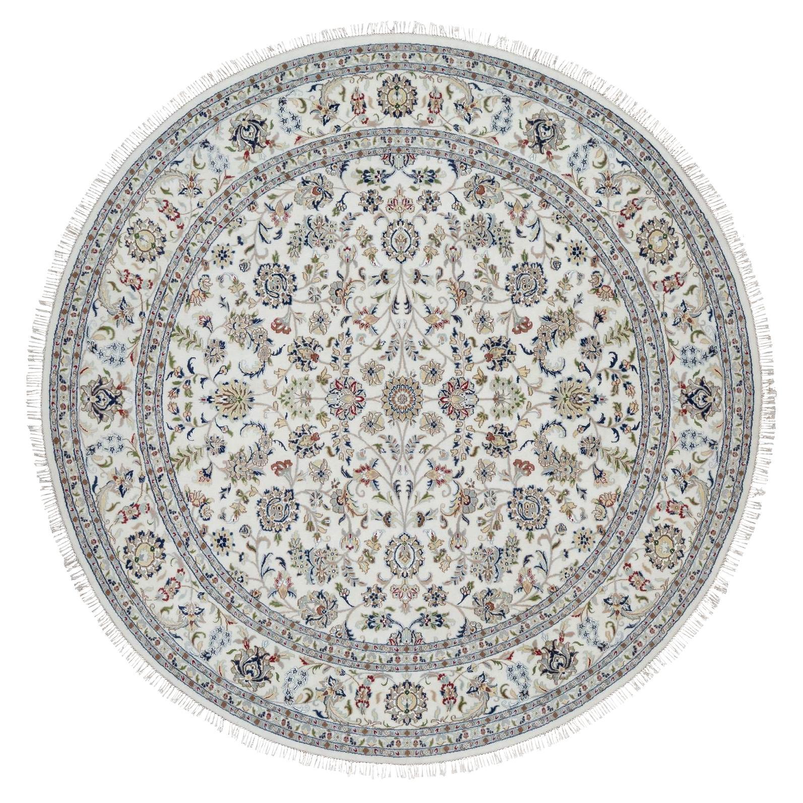 9'8"x9'8" Weißer runder Teppich aus handgeknüpfter Wolle und Seide mit floralem Design
