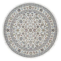 9'8 "x9'8" Tapis rond en laine et soie nain blanc avec design floral noué à la main