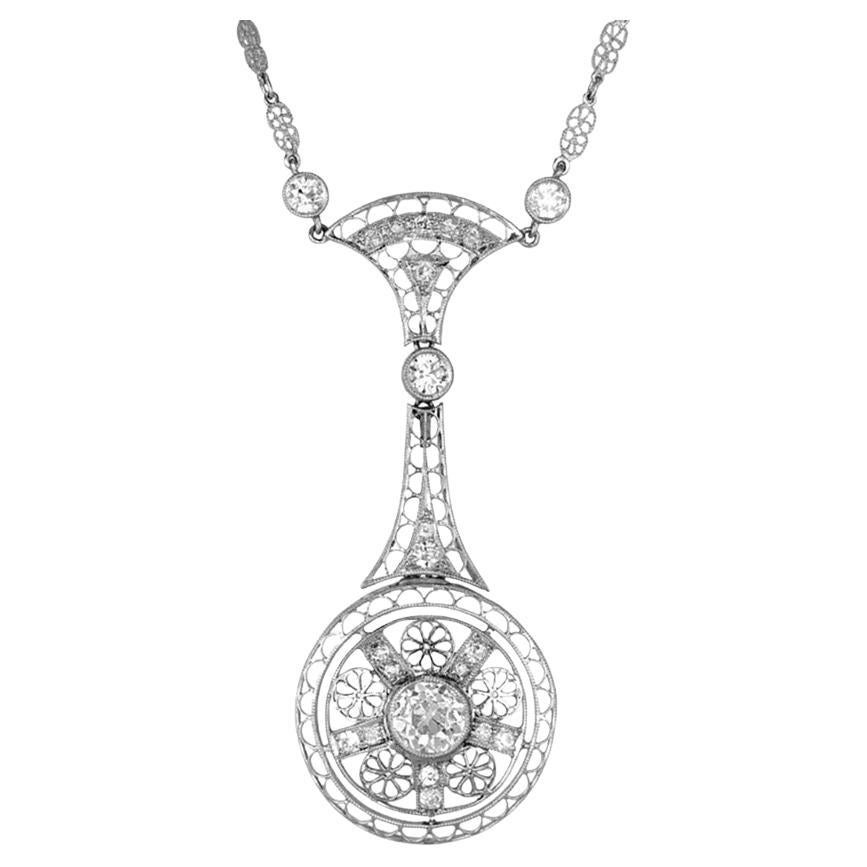 .99 Carat Old European Diamond Platinum Victorian  Filigree Pendant Necklace For Sale