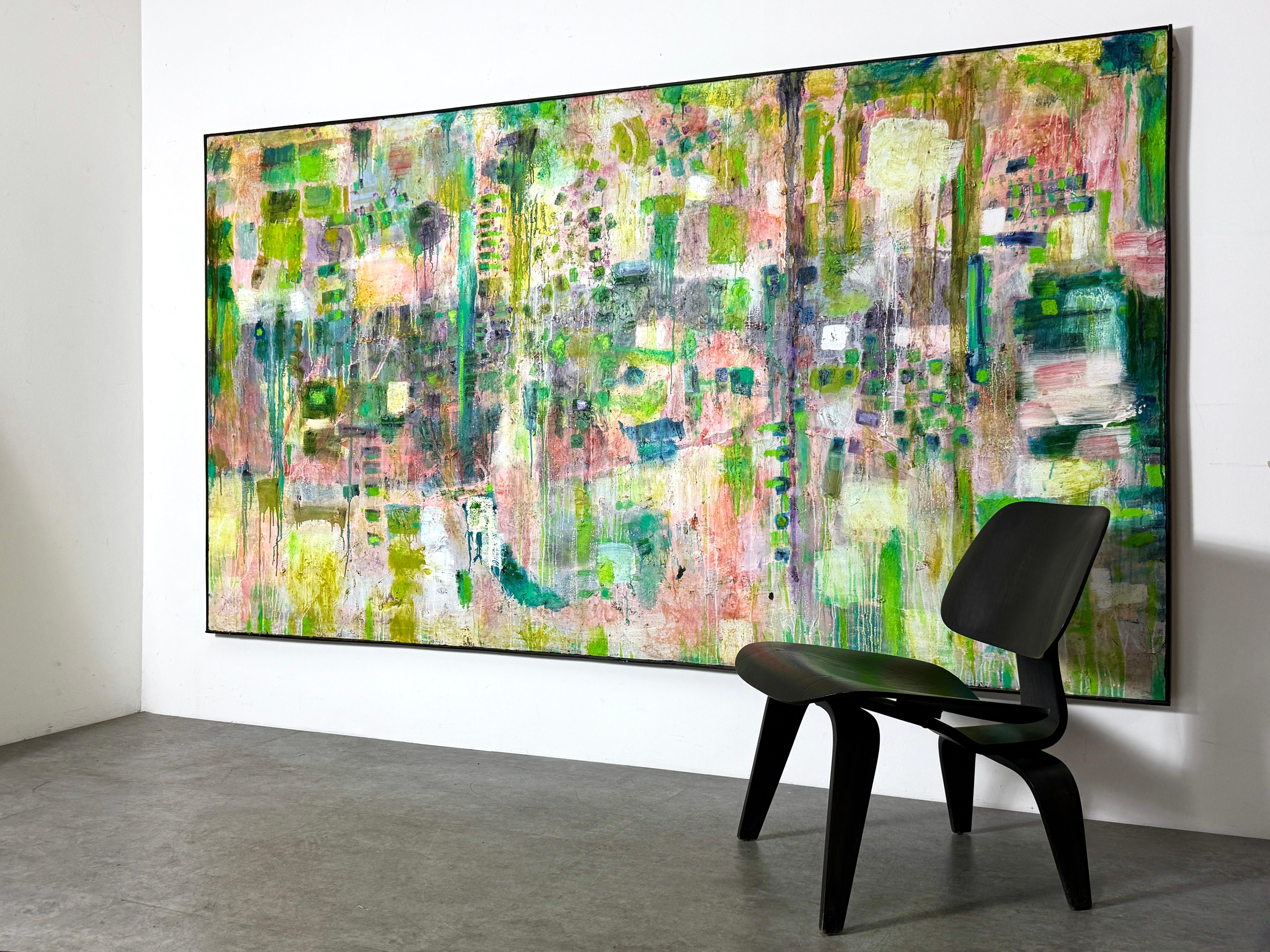 Monumentales abstraktes Gemälde des Künstlers Nathan Caplan aus Michigan 
Acryl auf Leinwand
Ohne Titel, circa Ende der 1970er Jahre

Ein Mosaik aus leuchtenden Grün-, Rosa- und Blautönen, geschichtet mit sichtbarem Impasto und verschiedenen