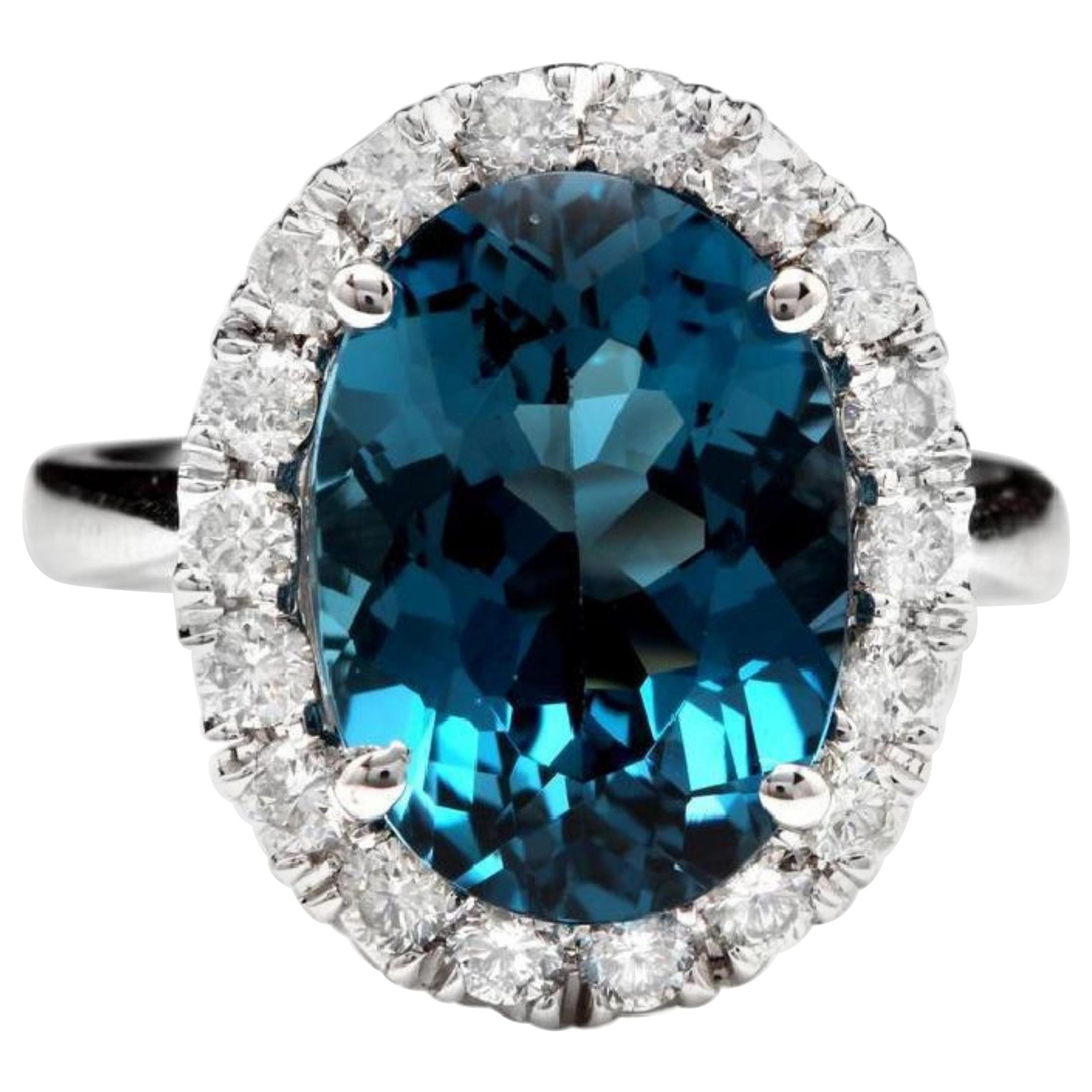 9.90 Carat Natural Impressive London Blue Topaz and Diamond 14K White Gold Ring