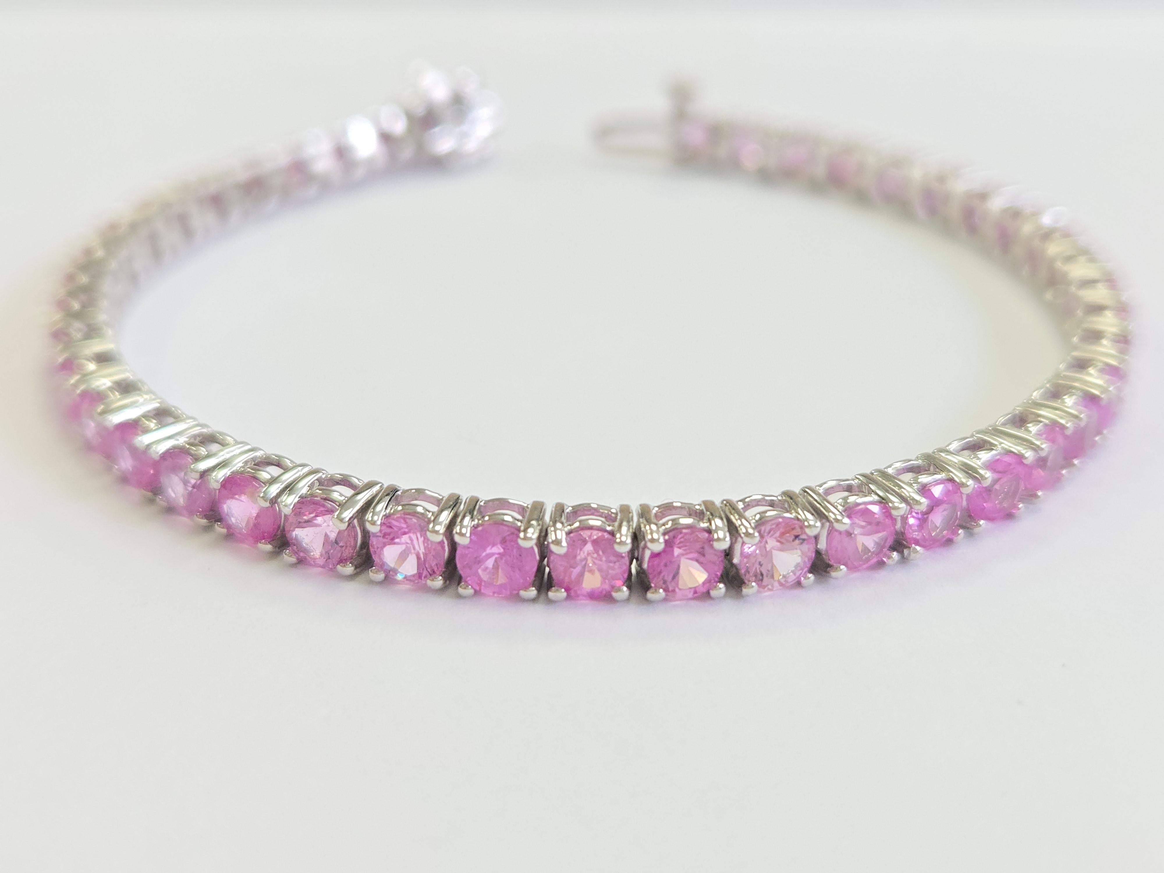 Pulsera de tenis de zafiro rosa natural de 9,90 quilates en oro blanco de 14 quilates en venta 2