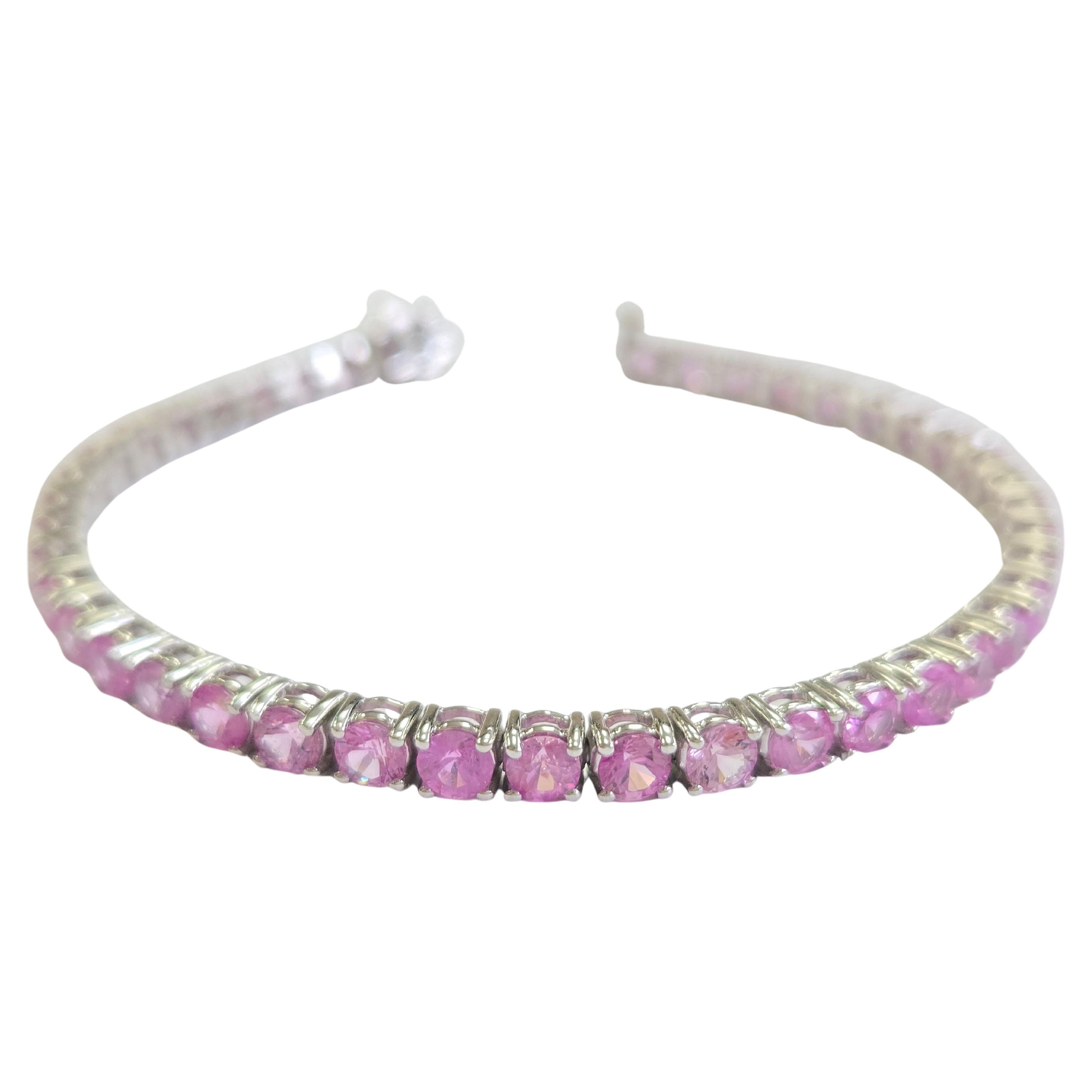 Pulsera de tenis de zafiro rosa natural de 9,90 quilates en oro blanco de 14 quilates