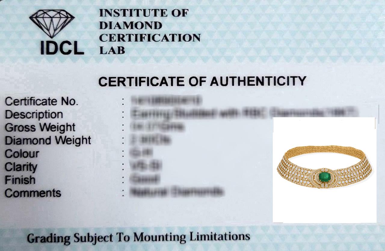 9.90 Carat Zambian Emerald 25.75 Ct SI/H Diamond 18k Yellow Gold Choker Necklace For Sale 1