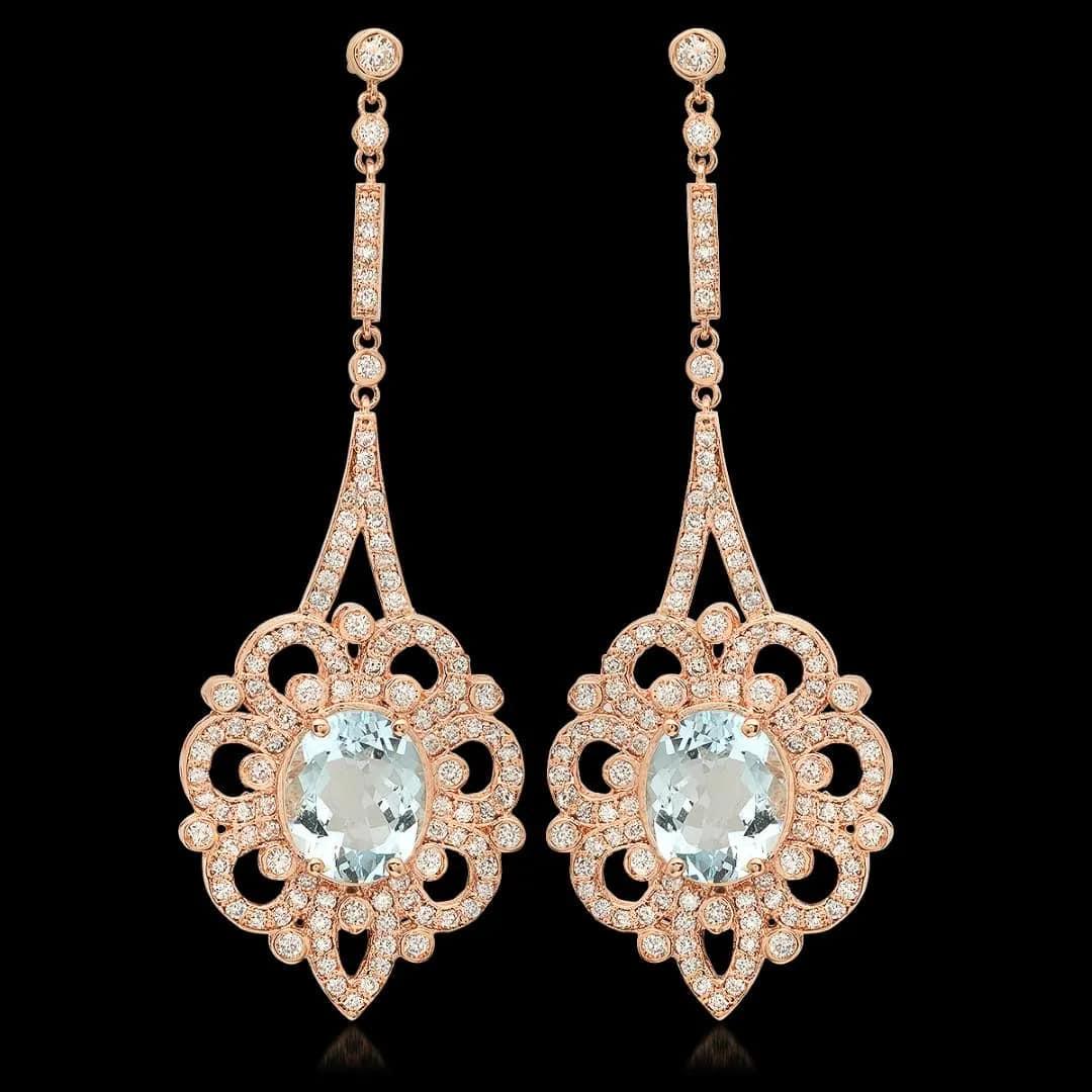 Mixed Cut 9.90Ct Natural Aquamarine and Diamond 14K Solid Rose Gold Earrings For Sale