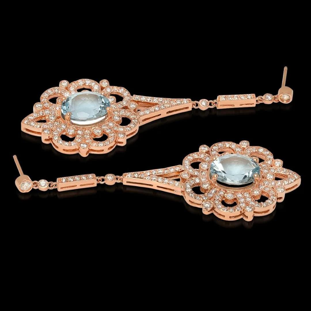 9.90Ct Natural Aquamarine and Diamond 14K Solid Rose Gold Earrings In New Condition For Sale In Los Angeles, CA