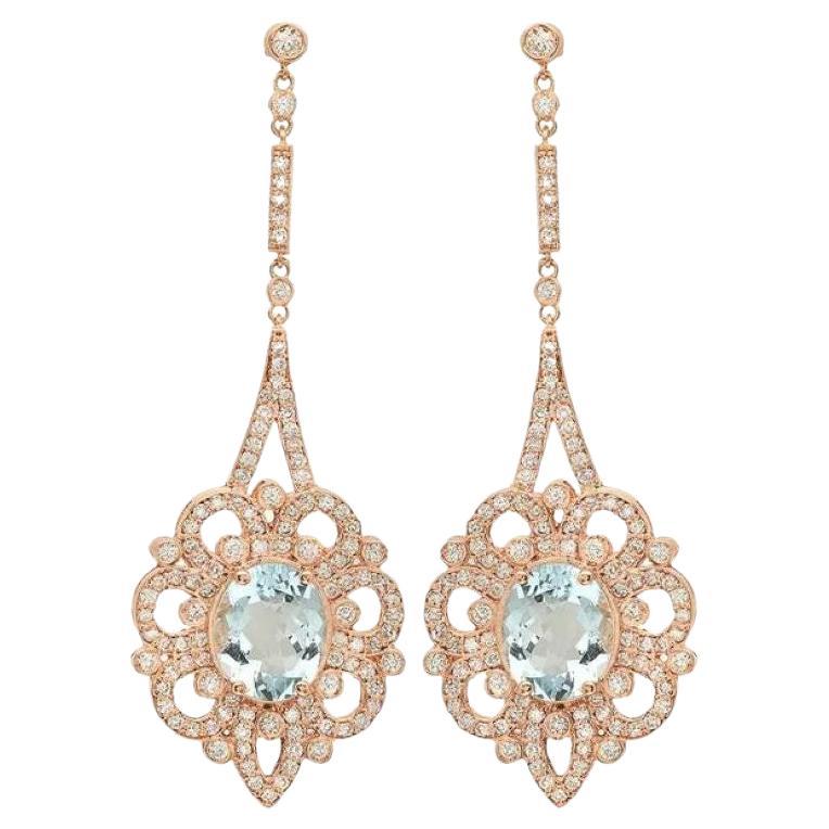 9.90Ct Natural Aquamarine and Diamond 14K Solid Rose Gold Earrings For Sale