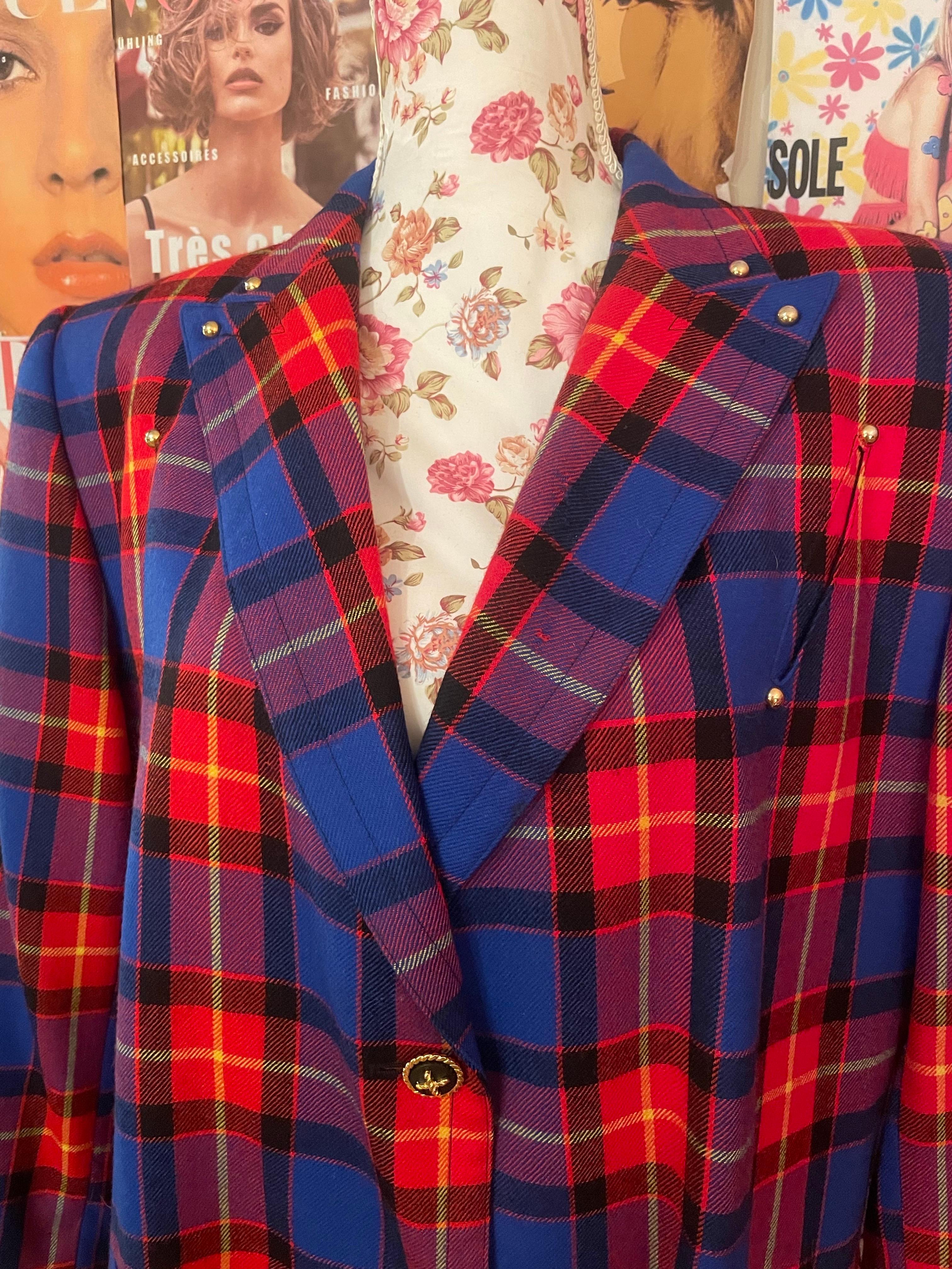 990s Vintage Escada by Margaretha Ley tartan oversized blazer In Good Condition For Sale In LAGNY-SUR-MARNE, FR