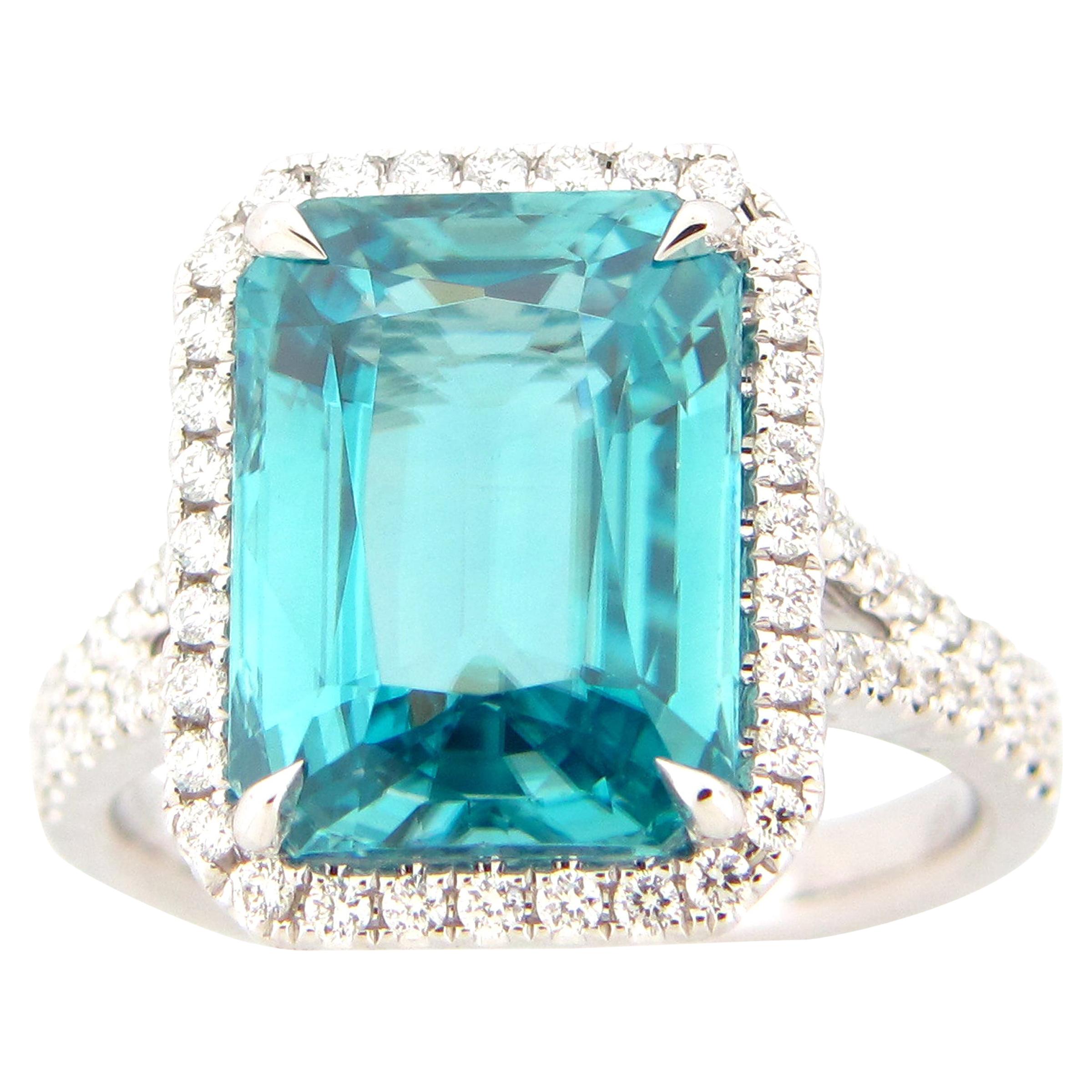 9.91 Carat Emerald Cut Blue Zircon and Diamond Ring
