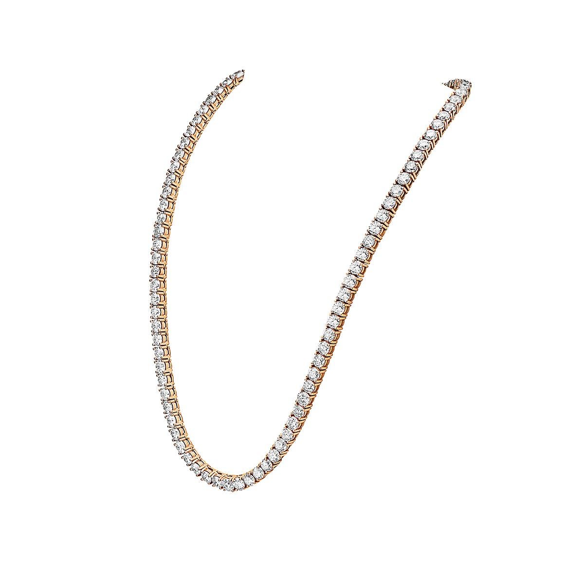 This tennis necklace features 99.12 carats of H SI1-SI2 eye clean diamonds set in 14K rose gold. 12 inch length. 104.88 grams total weight. 

Viewings available in our NYC showroom by appointment.