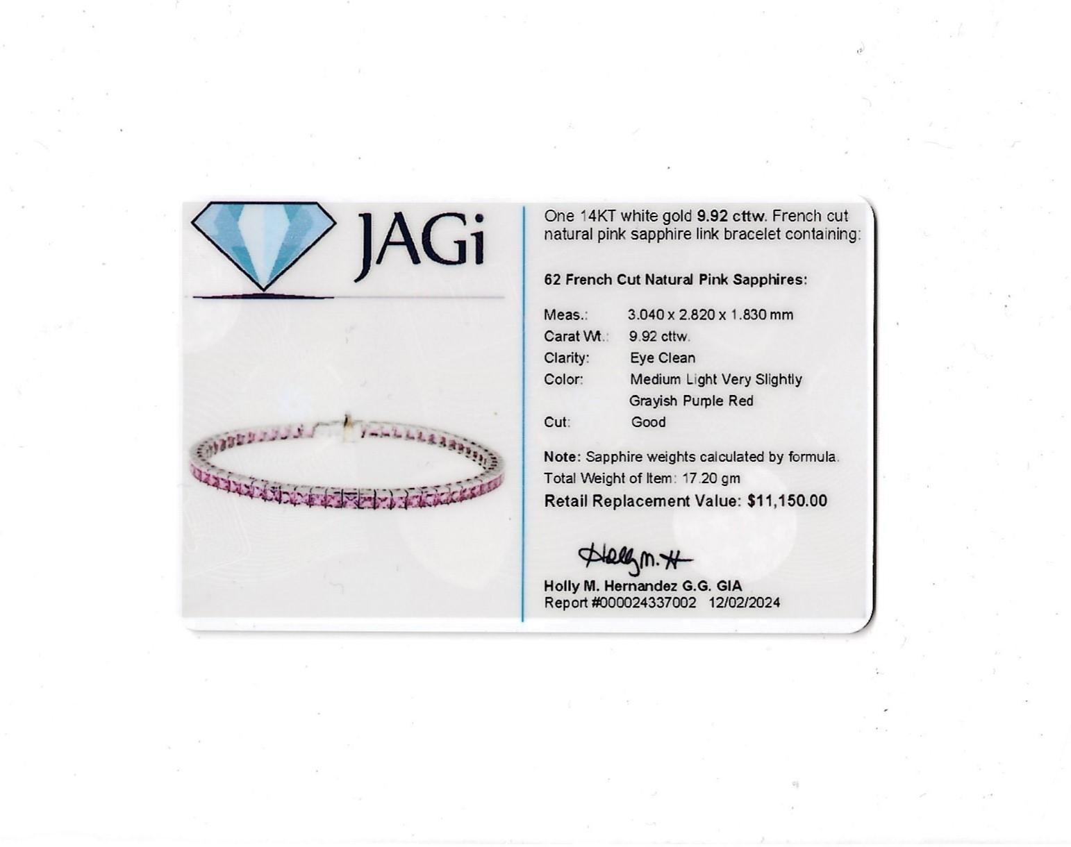 9.92 Carat Total French Cut Pink Sapphire Tennis Bracelet in 14 Karat White Gold For Sale 5