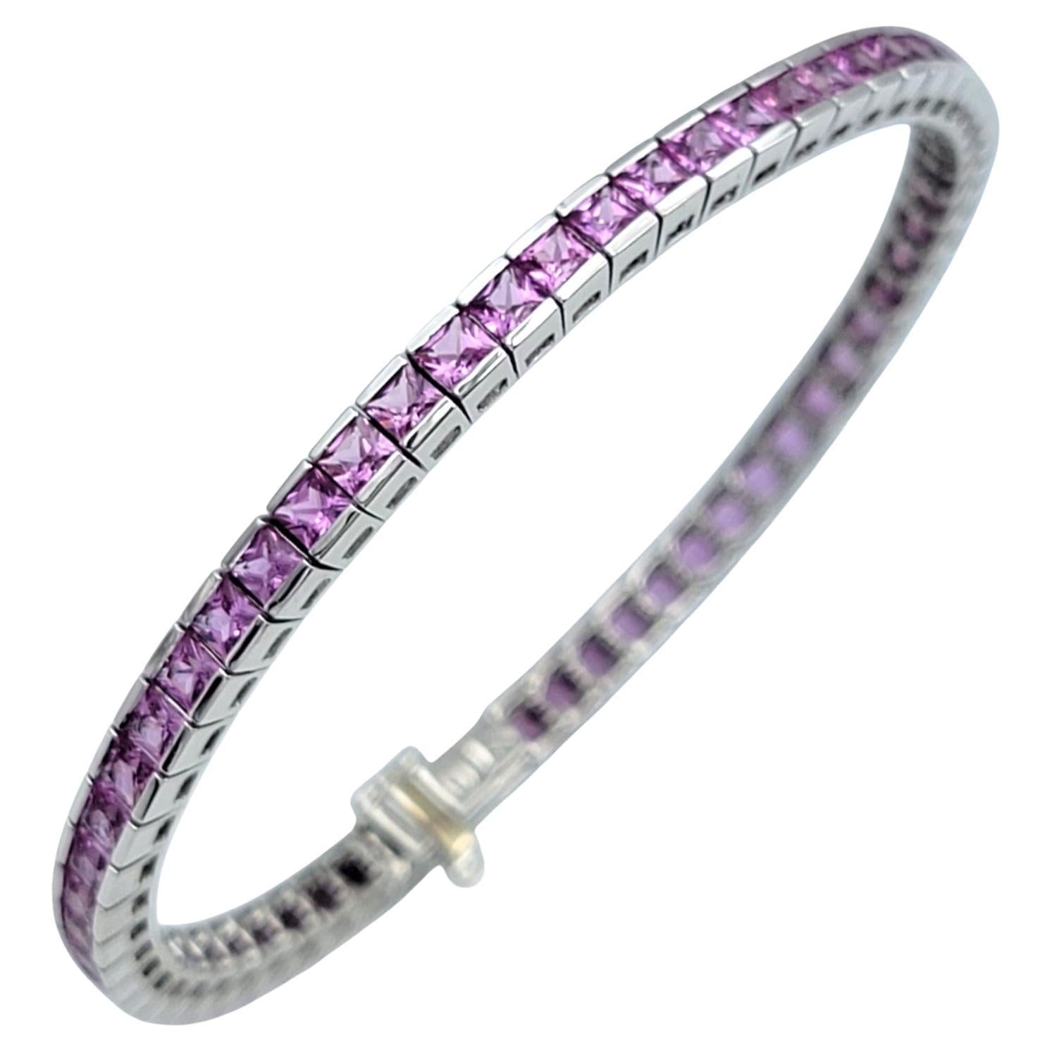 9.92 Carat Total French Cut Pink Sapphire Tennis Bracelet in 14 Karat White Gold For Sale