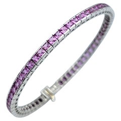 Bracciale tennis con zaffiro rosa taglio francese da 9,92 carati totali in oro bianco 14 carati