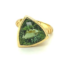 Trillion Shape Green Tourmaline and Diamond Ring in 18k Yellow Gold, 9.92 Carats