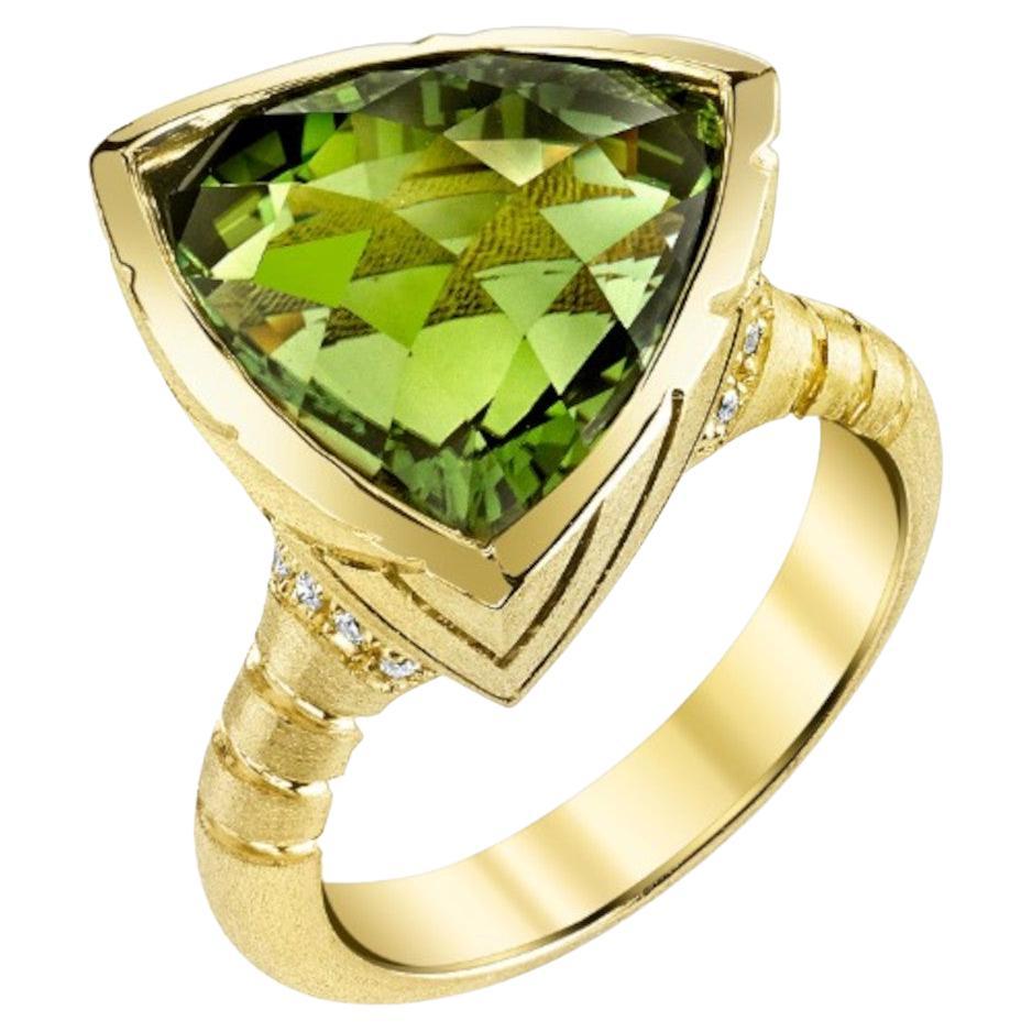Trillion Shape Green Tourmaline and Diamond Ring in 18k Yellow Gold, 9.92 Carats For Sale
