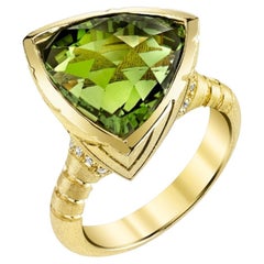 Trillion Shape Green Tourmaline and Diamond Ring in 18k Yellow Gold, 9.92 Carats