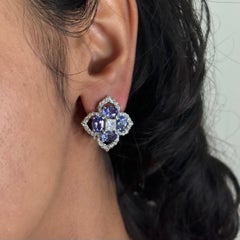 9.92 Carats Princess Diamonds and Tanzanites - Floral Earrings