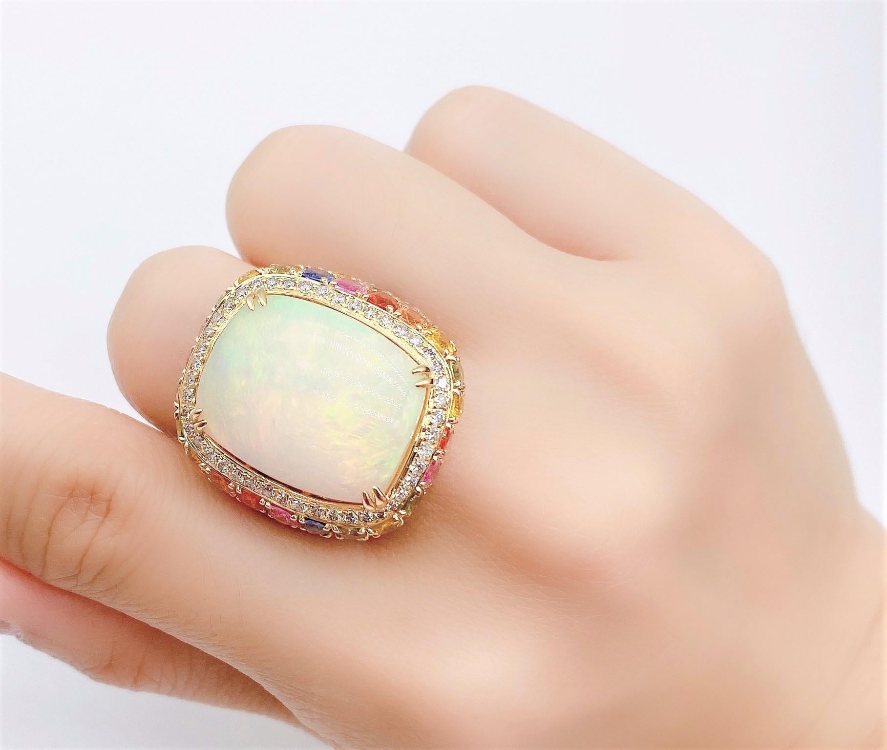 Mixed Cut 9, 939 Rare 18KT Gold Large Fancy Opal Rainbow Sapphire Diamond Ring For Sale