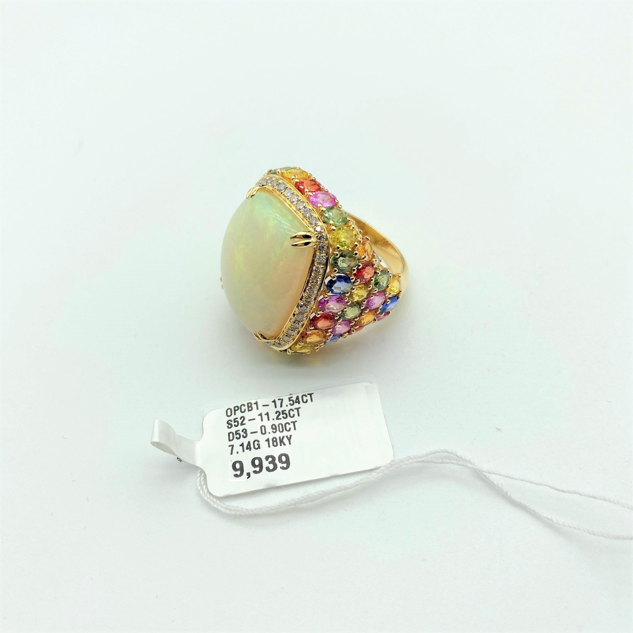 9, 939 Rare 18KT Gold Large Fancy Opal Rainbow Sapphire Diamond Ring In New Condition For Sale In New York, NY