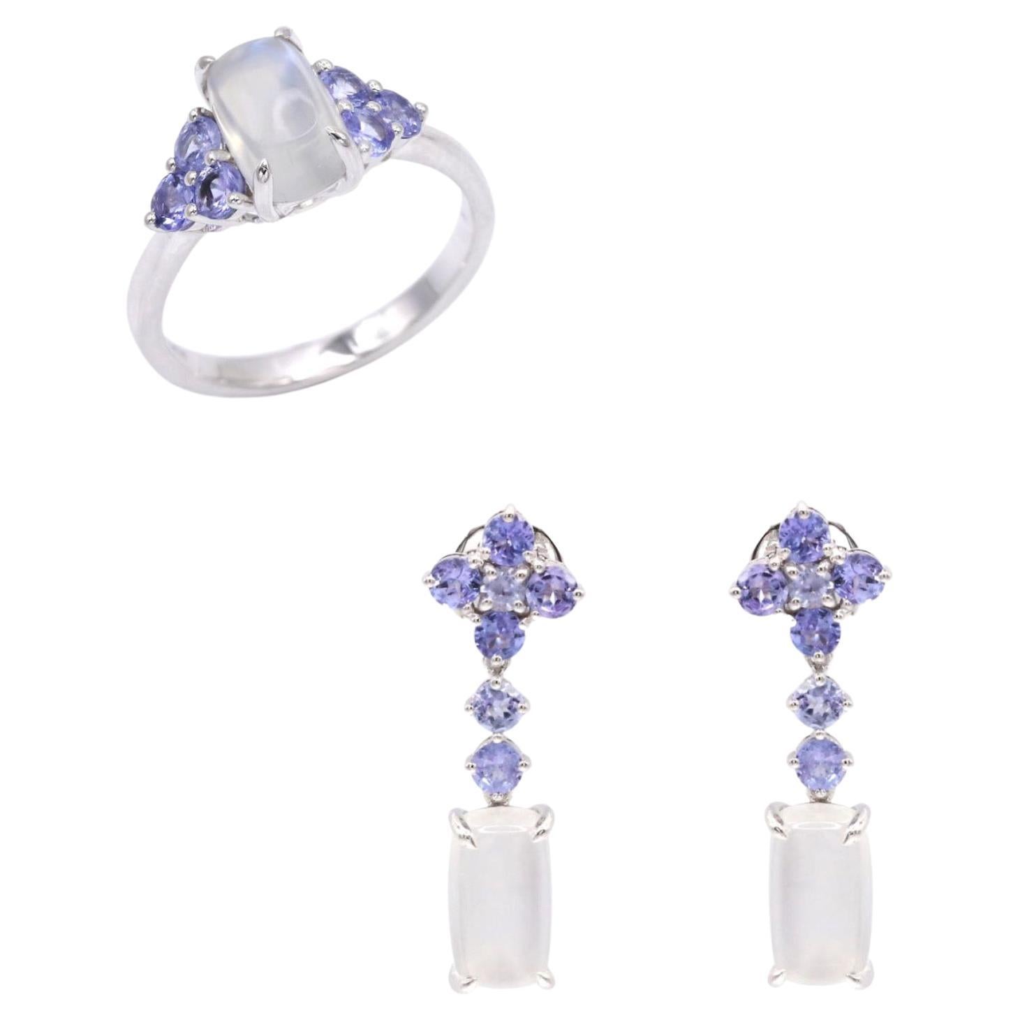 9.94 Carat Moonstone Tanzanite 18K White Gold Cocktail Ring and Drop Earrings For Sale