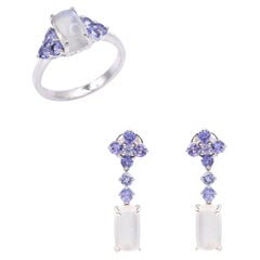 9.94 Carat Moonstone Tanzanite 18K White Gold Cocktail Ring and Drop Earrings
