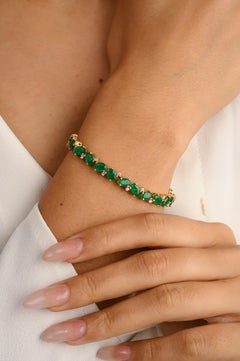 Bracelet tennis en or jaune massif 14 carats avec diamants et émeraudes naturelles de 9,94 carats