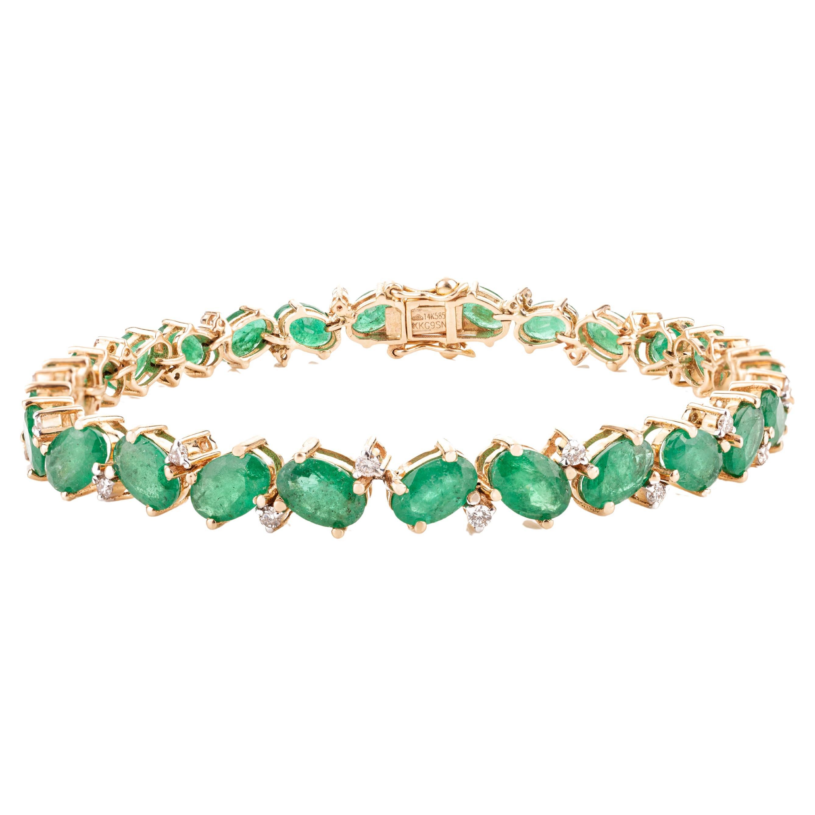 9.94 Carat Natural Emerald Diamond Tennis Bracelet in 14k Solid Yellow Gold