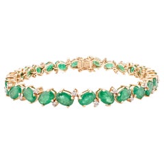 9.94 Carat Natural Emerald Diamond Tennis Bracelet in 14k Solid Yellow Gold
