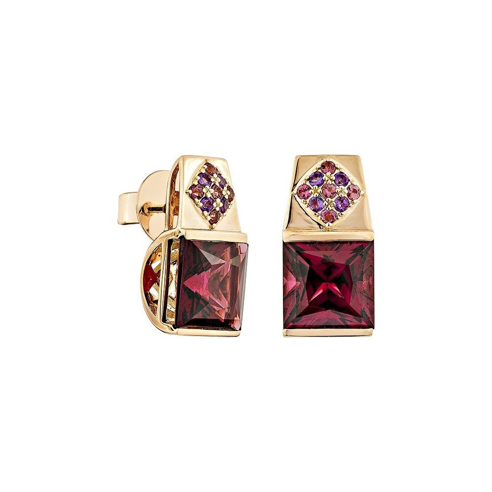 This timeless, elegant rhodolite earrings in the shape of a princess, set with amethyst and pink tourmaline, may be worn on a daily basis as well as for special occasions. This earrings is made of rose gold and is pretty lovely.

Rhodolite Stud