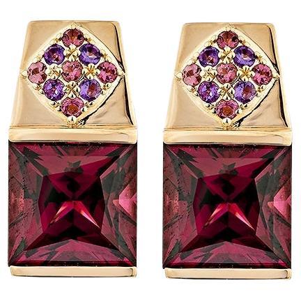 9.94 Carat Rhodolite Stud Earrings in 18KRG with Amethyst, Tourmaline & Diamond.