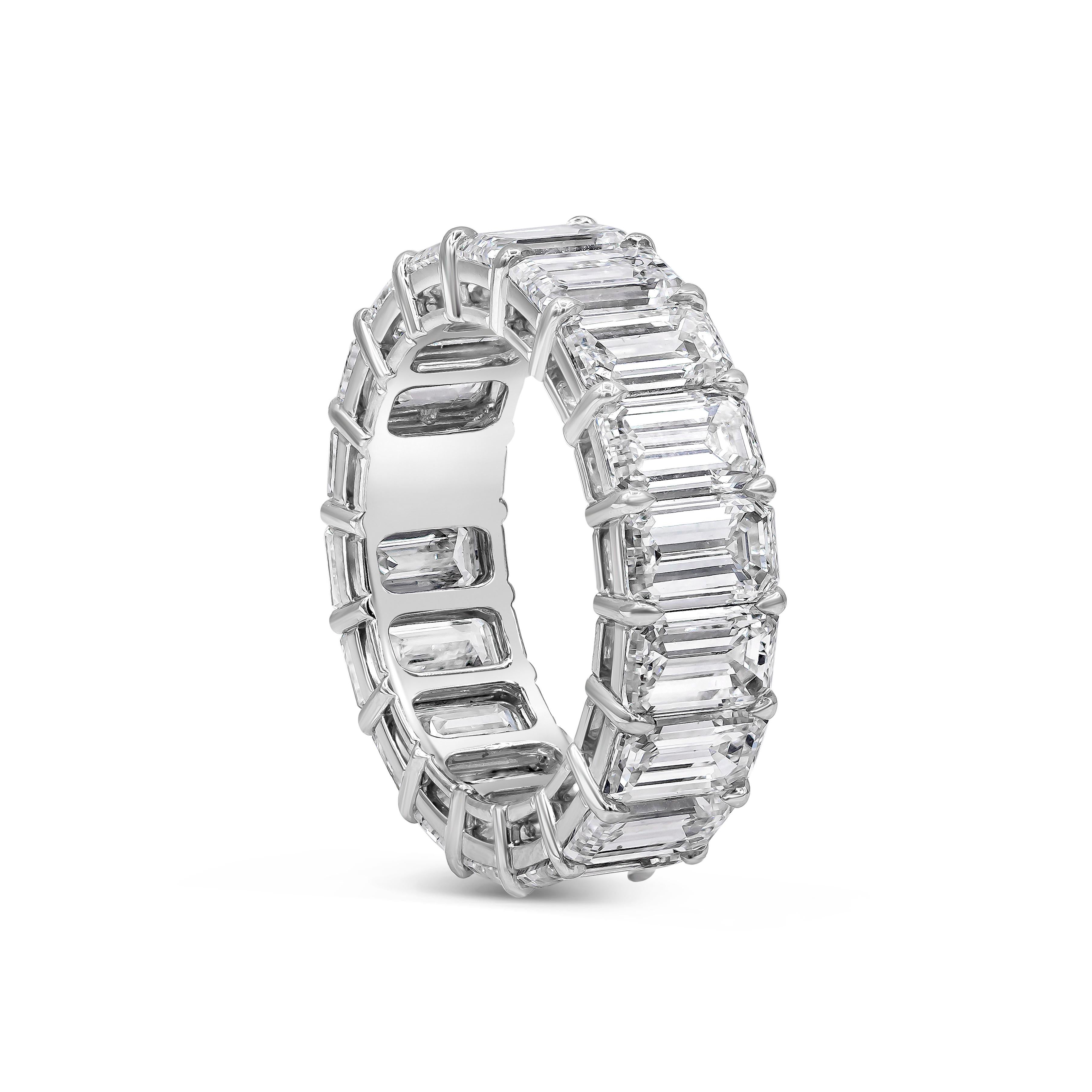 A timeless piece eternity wedding band ring showcasing emerald cut diamonds weighing 9.94 carats total, F+ color and VS+ in clarity. Set in an open gallery setting made in Platinum, Size 6 US.

Roman Malakov is a custom house, specializing in