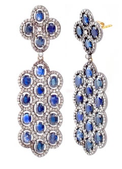 9.94 Carats Oval-Cut Blue Sapphires and Diamond Cluster Drop Earrings