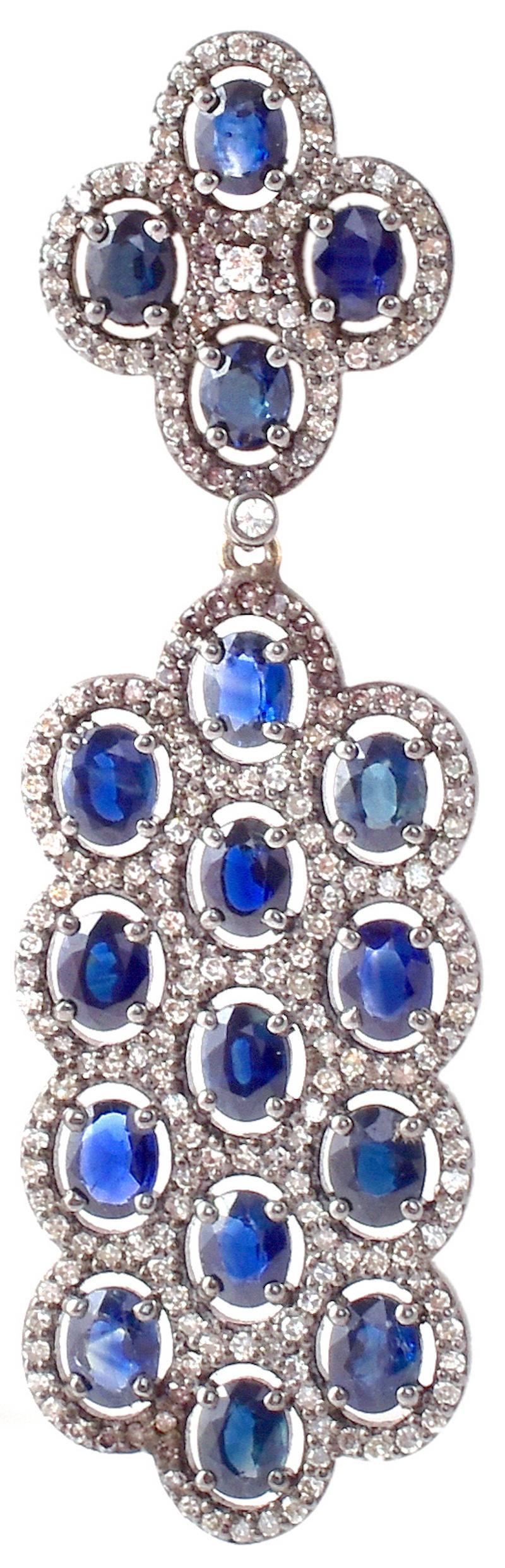 Women's 9.94 Carats Oval-Cut Blue Sapphires and Diamond Cluster Drop Earrings For Sale
