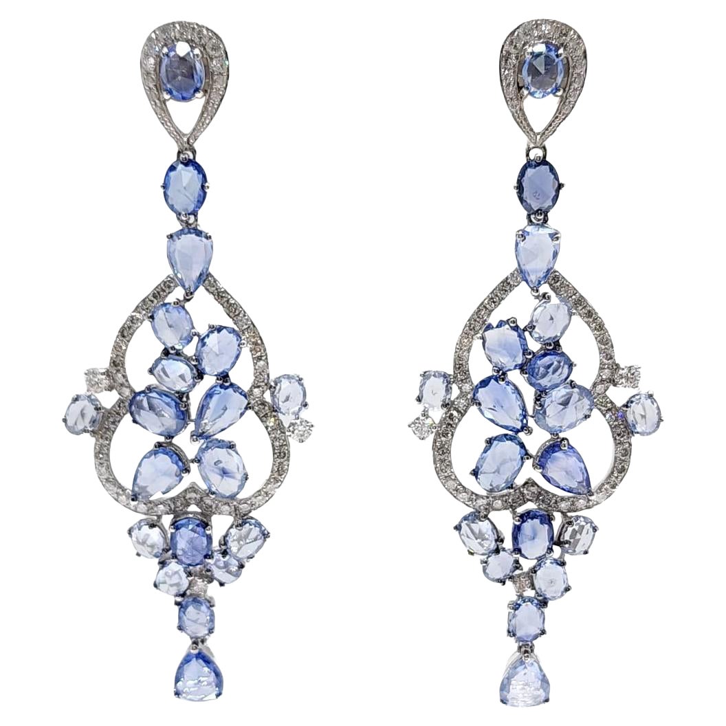 9.94Ct Vintage Blue Sapphire and Diamond Dangle Earring in 18K White Gold
