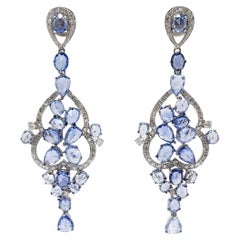 9.94Ct Vintage  Boucles d'oreilles pendantes en or blanc 18 carats saphir bleu et diamant