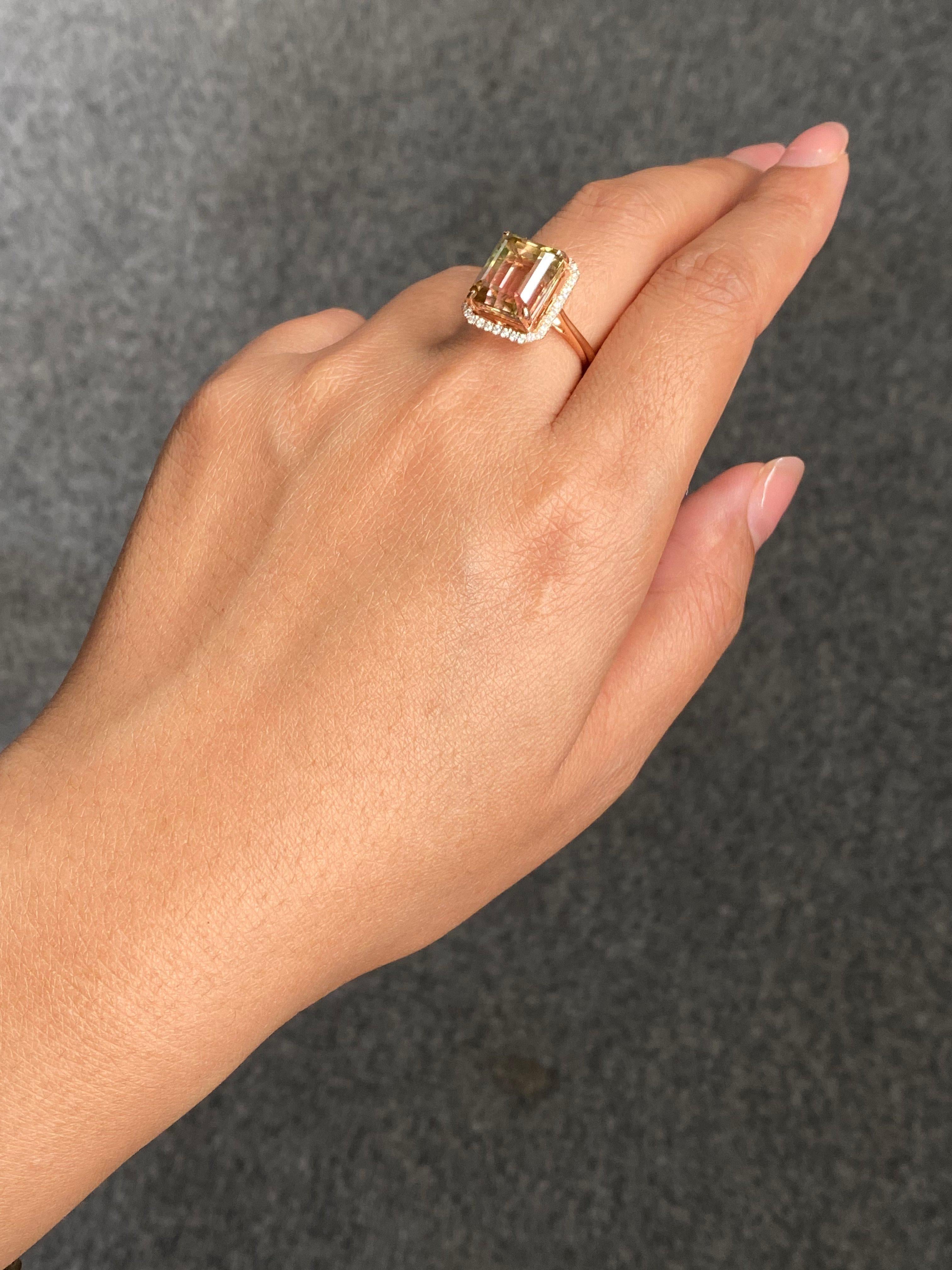 Anillo de cóctel de oro rosa de 18 quilates con turmalina sandía bicolor de 9,95 quilates en venta 4