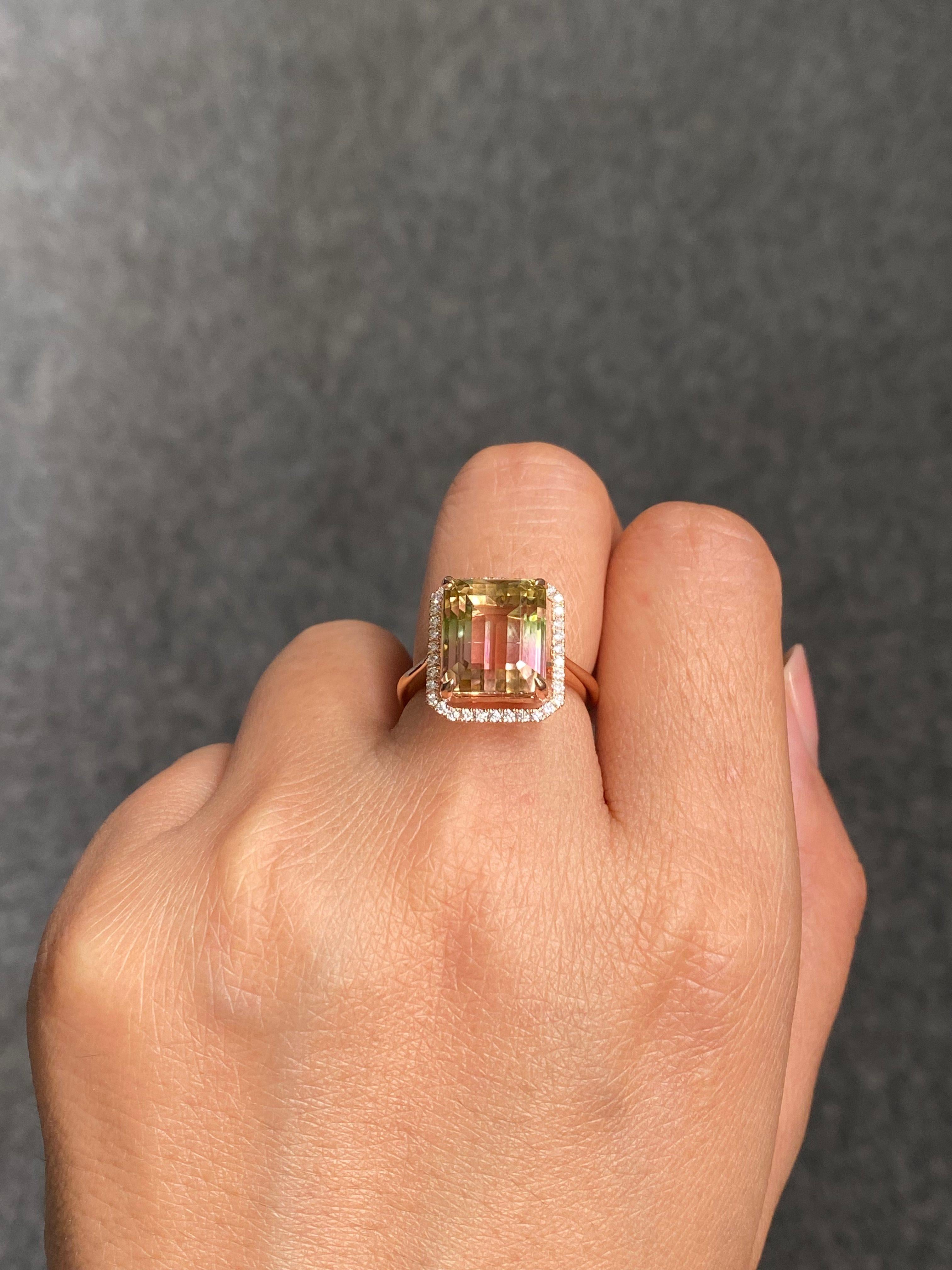 Anillo de cóctel de oro rosa de 18 quilates con turmalina sandía bicolor de 9,95 quilates en venta 5