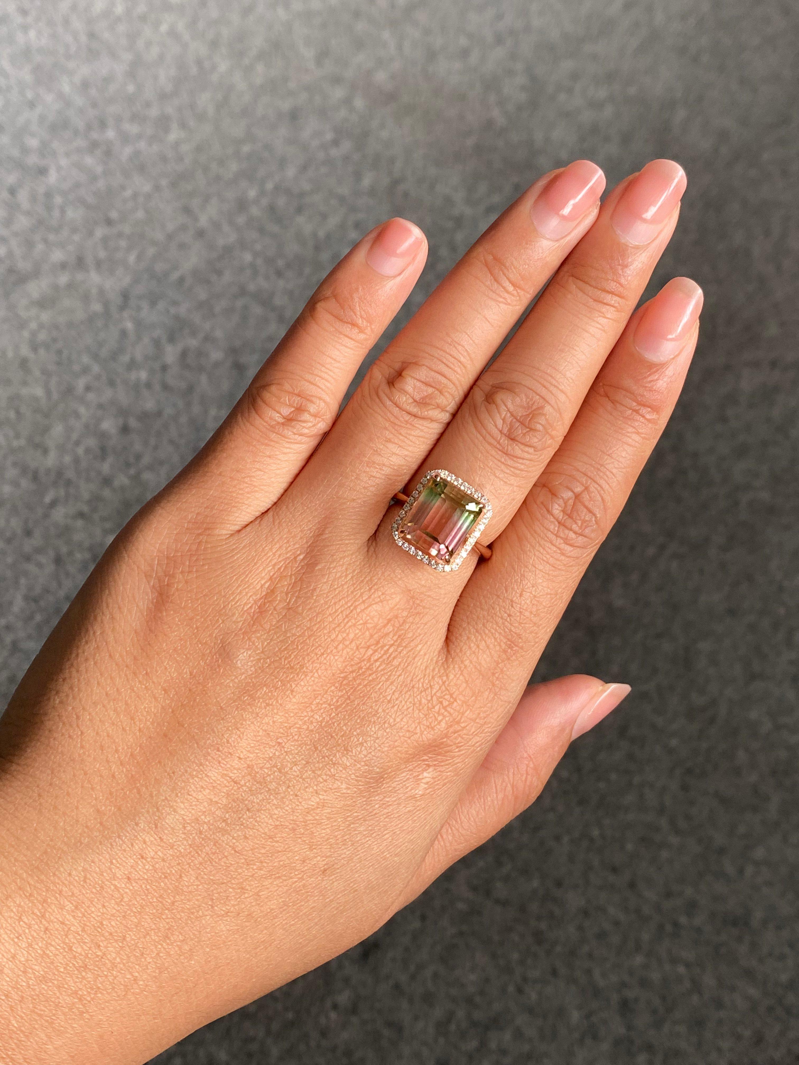 Anillo de cóctel de oro rosa de 18 quilates con turmalina sandía bicolor de 9,95 quilates en venta 3